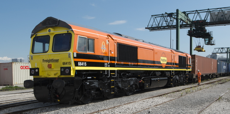 This image: an illustrative photo an intermodal train & gantry. The map: the map shows an illustrative masterplan of the site, with map markers showing stock images illustrating how the site may look in operation. The images show as reachstacker and HGV container lifter, an intermodal train and gantry, a gantry loading container, and rail freight connected buildings.